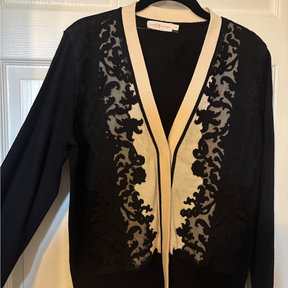 Tory Burch Black and Cream Lace Cardigan/Sweater